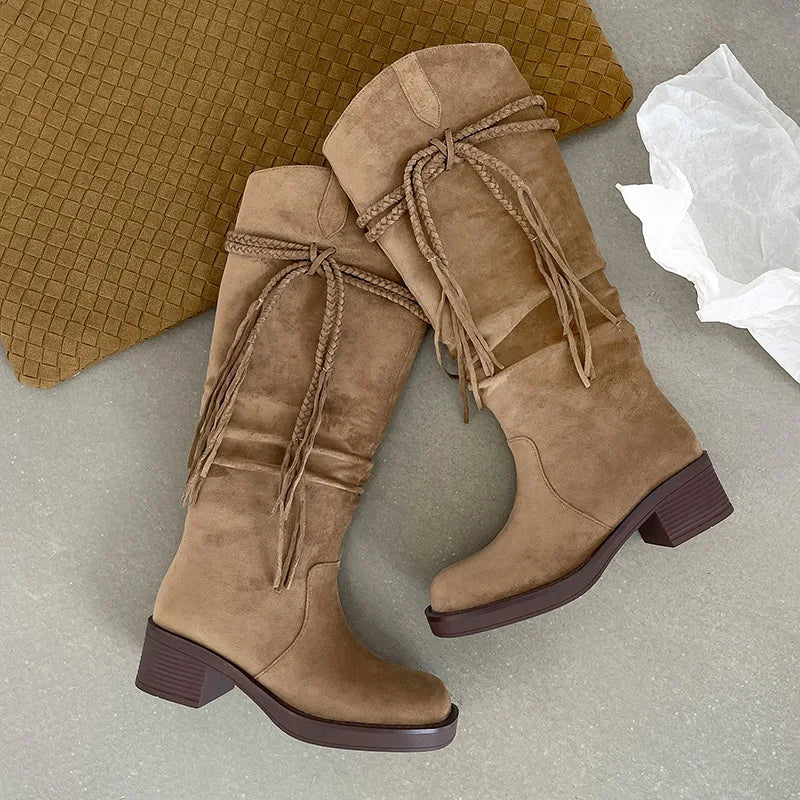 Autumn apricot suede Pleated Tassel Boots