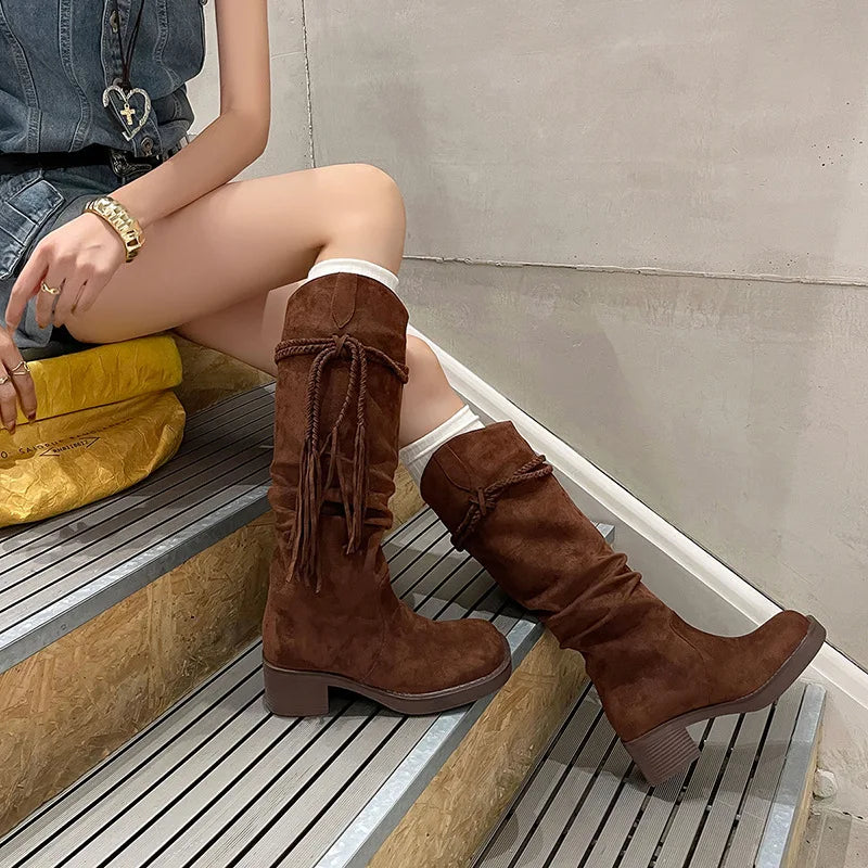 Autumn apricot suede Pleated Tassel Boots