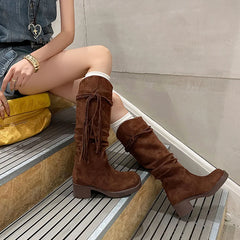 Autumn apricot suede Pleated Tassel Boots