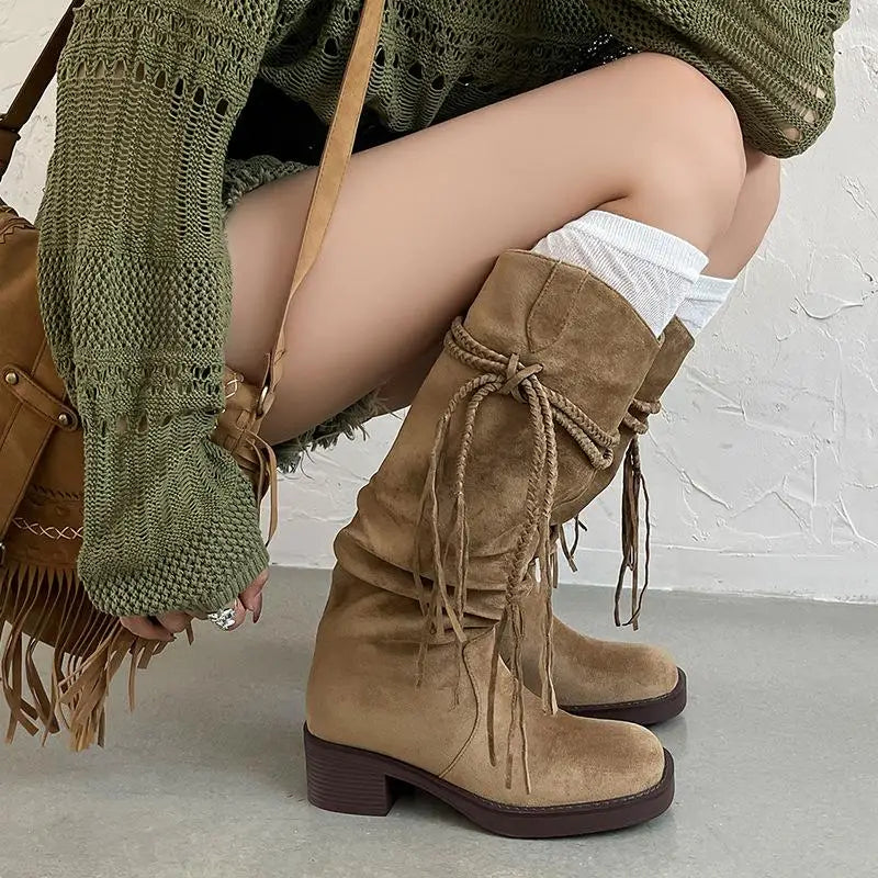 Autumn apricot suede Pleated Tassel Boots
