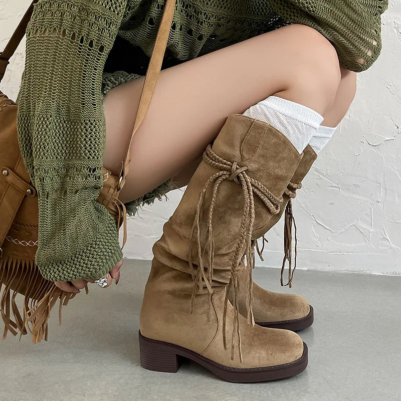 Autumn apricot suede Pleated Tassel Boots