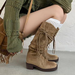 Autumn apricot suede Pleated Tassel Boots