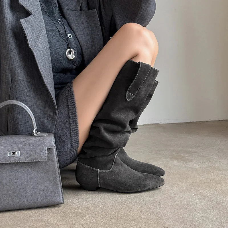 Autumn black Cow suede Pleated Western Boots