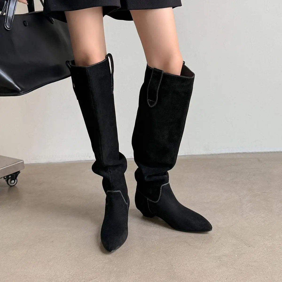 Autumn black Cow suede Pleated Western Boots