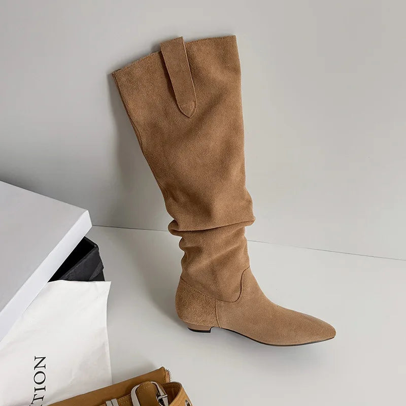 Autumn black Cow suede Pleated Western Boots