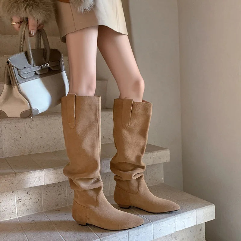 Autumn black Cow suede Pleated Western Boots
