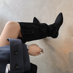 Autumn black Cow suede Pleated Western Boots