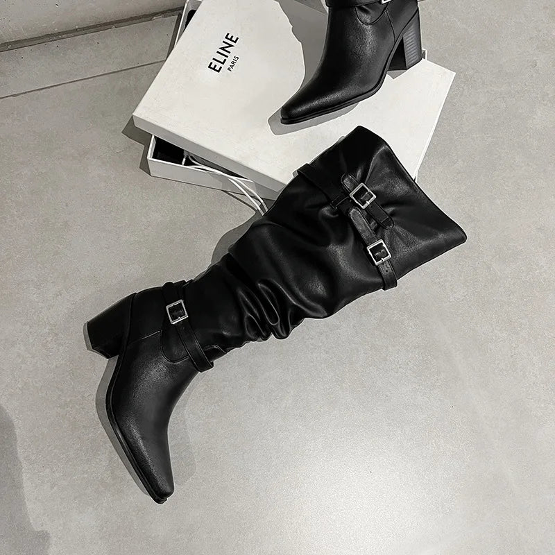 Autumn black cowhide Pleated Knee high Boots