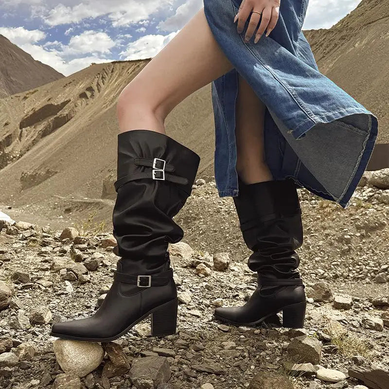 Autumn black cowhide Pleated Knee high Boots