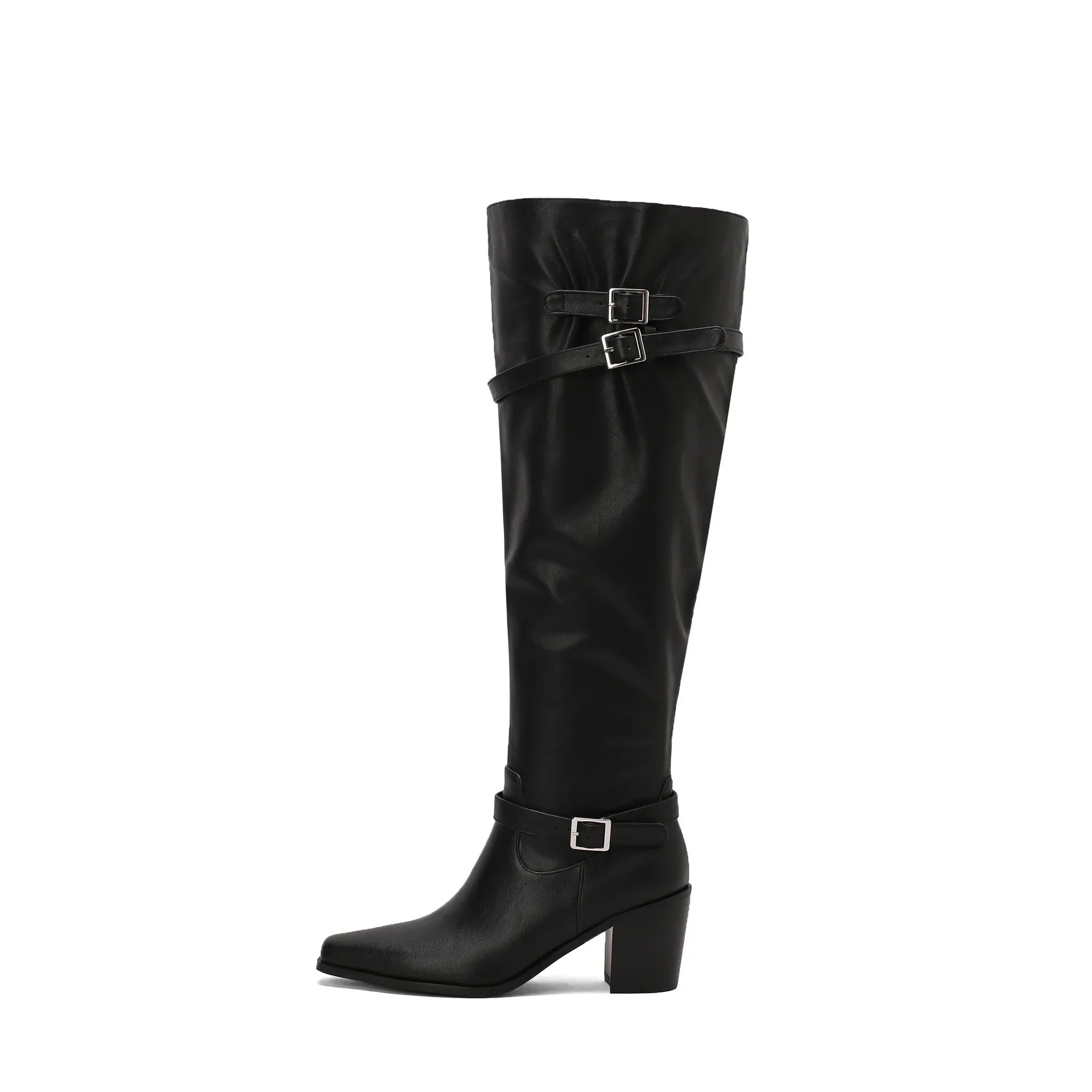 Autumn black cowhide Pleated Knee high Boots