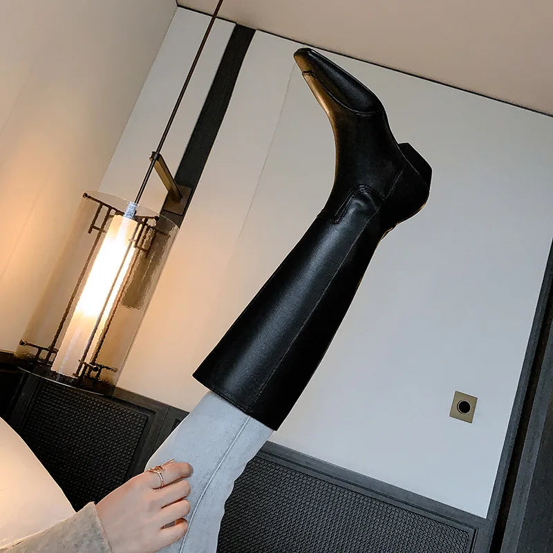 Autumn black cowhide Sewing Modern Boots