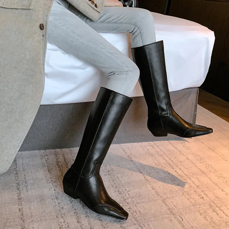 Autumn black cowhide Sewing Modern Boots