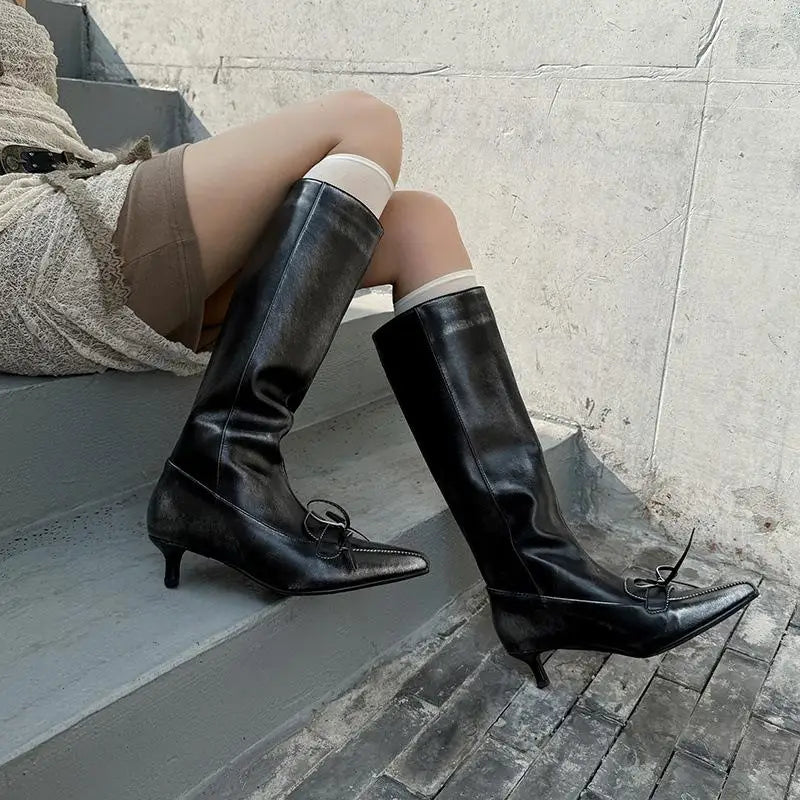 Autumn black cowhide bowknot Modern Boots