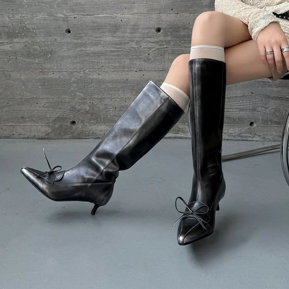Autumn black cowhide bowknot Modern Boots