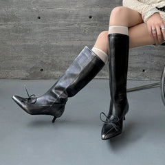 Autumn black cowhide bowknot Modern Boots
