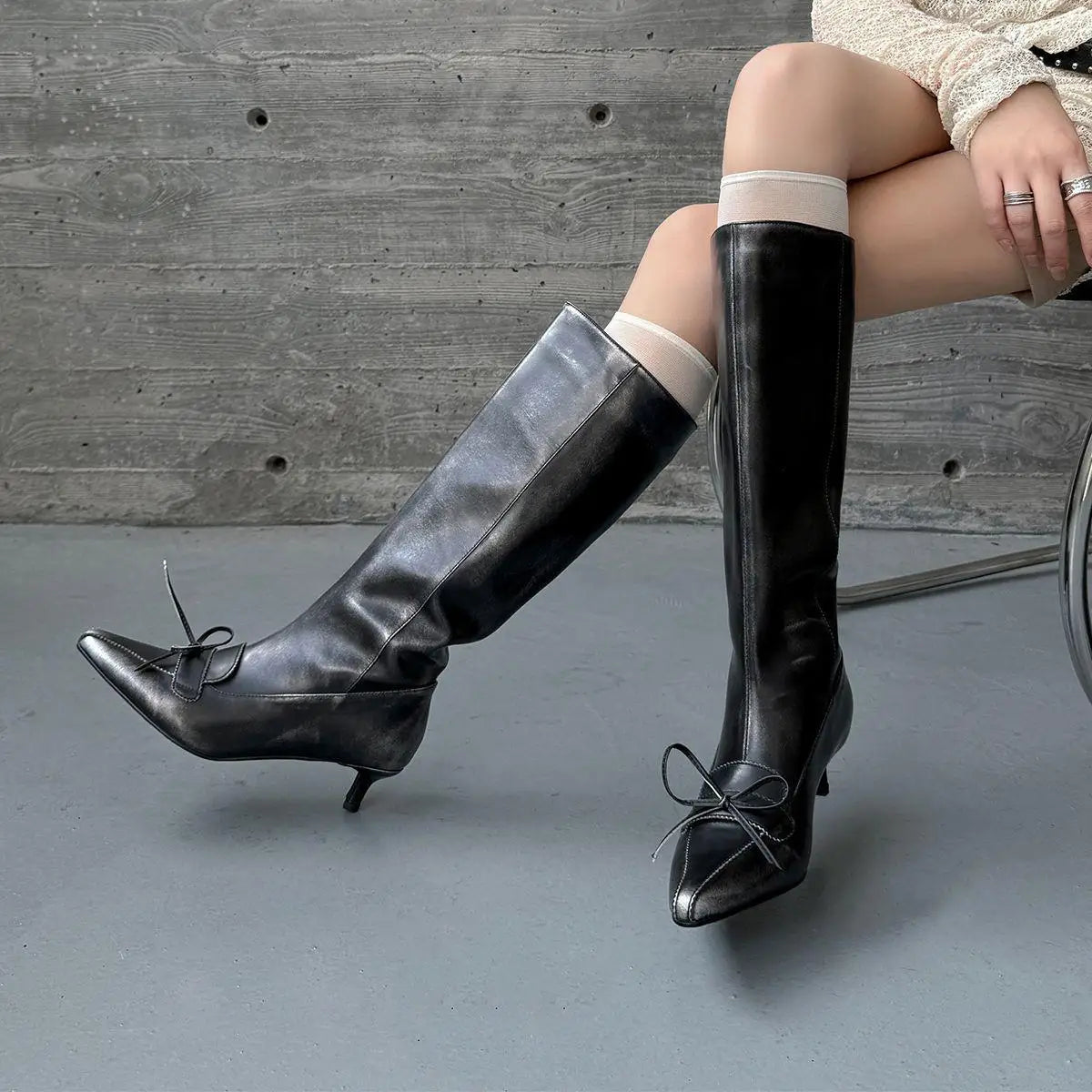 Autumn black cowhide bowknot Modern Boots