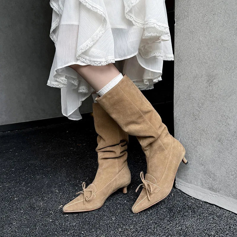 Autumn black cowhide bowknot Modern Boots