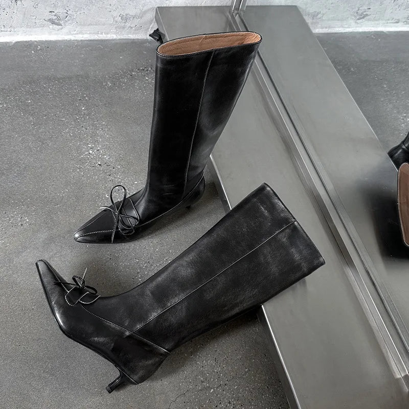 Autumn black cowhide bowknot Modern Boots