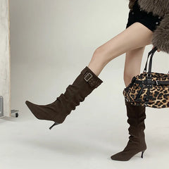 Autumn brown cowhide Pleated rivet Modern Boots