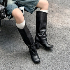 Autumn cowhide Ankle strap Knee high Boots