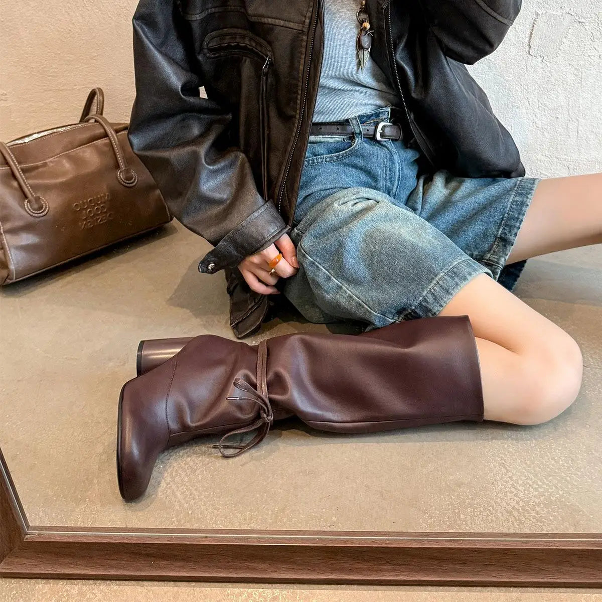Autumn cowhide Ankle strap Knee high Boots
