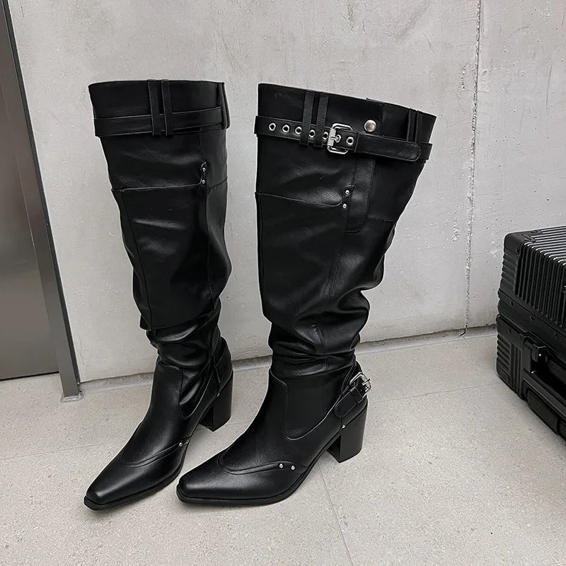 Autumn cowhide Pleated Knee high Boots