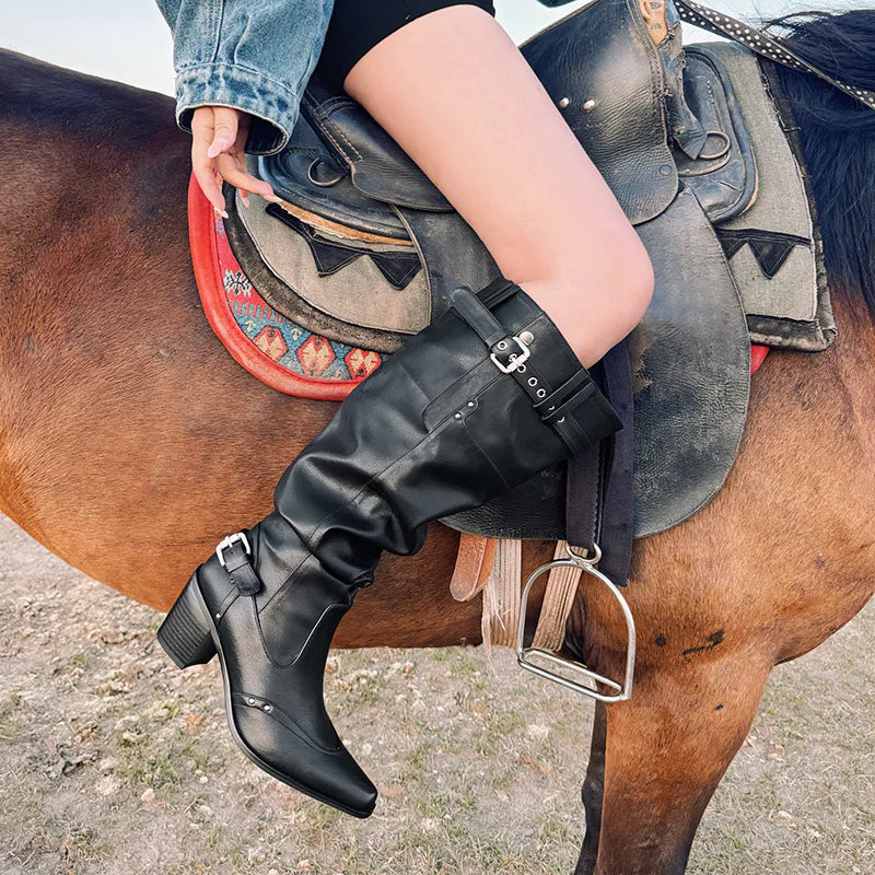 Autumn cowhide Pleated Knee high Boots