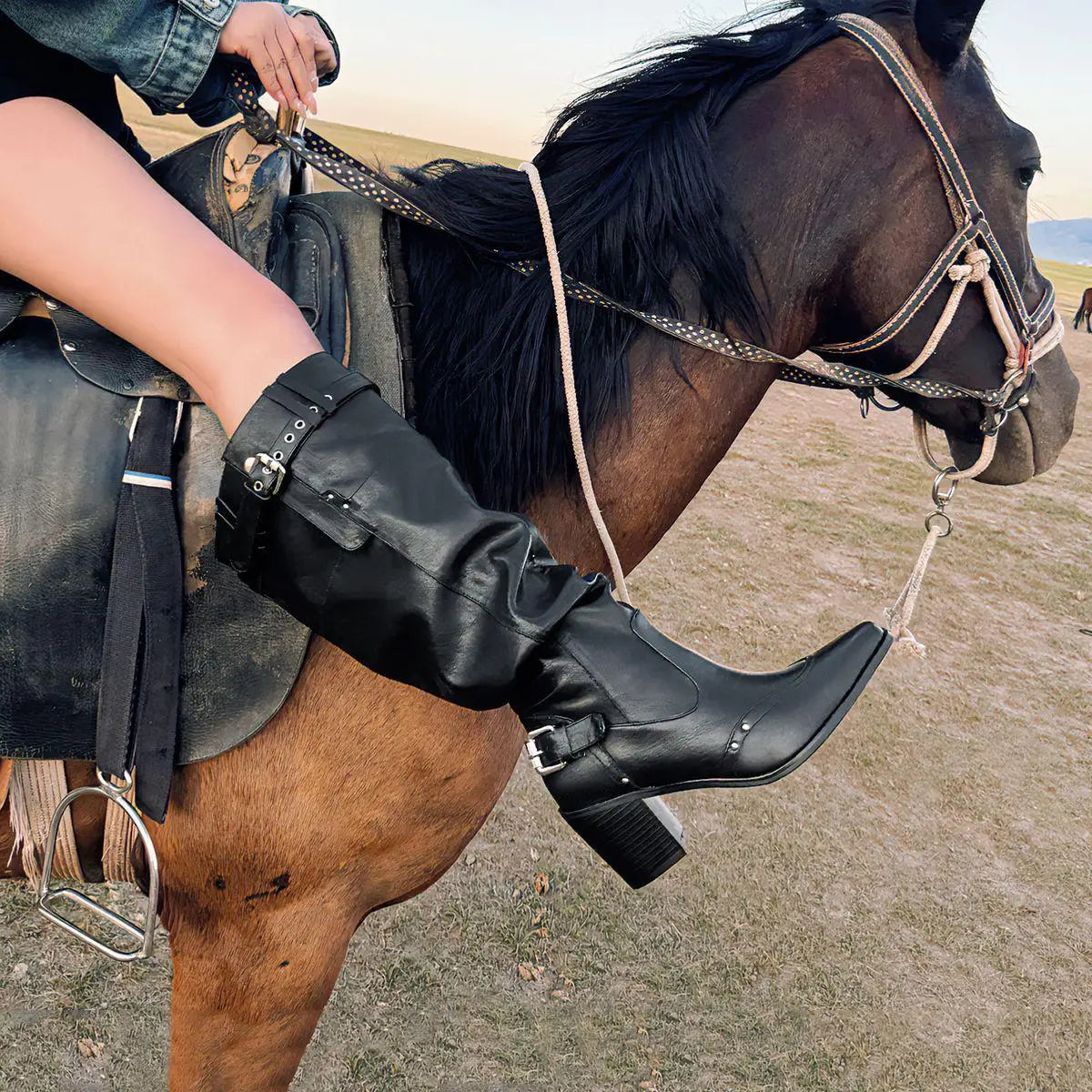 Autumn cowhide Pleated Knee high Boots