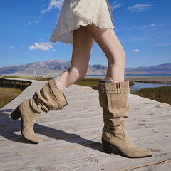 Autumn cowhide Pleated Knee high Boots