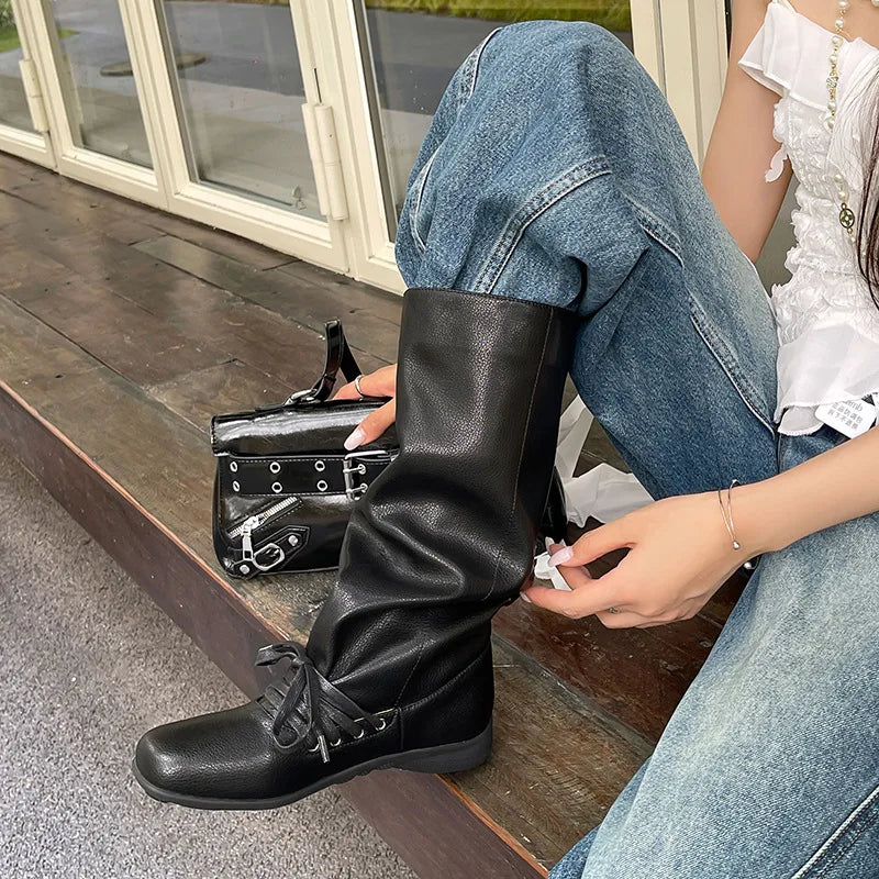 Autumn sheepskin Pleated Cross tied Modern Boots