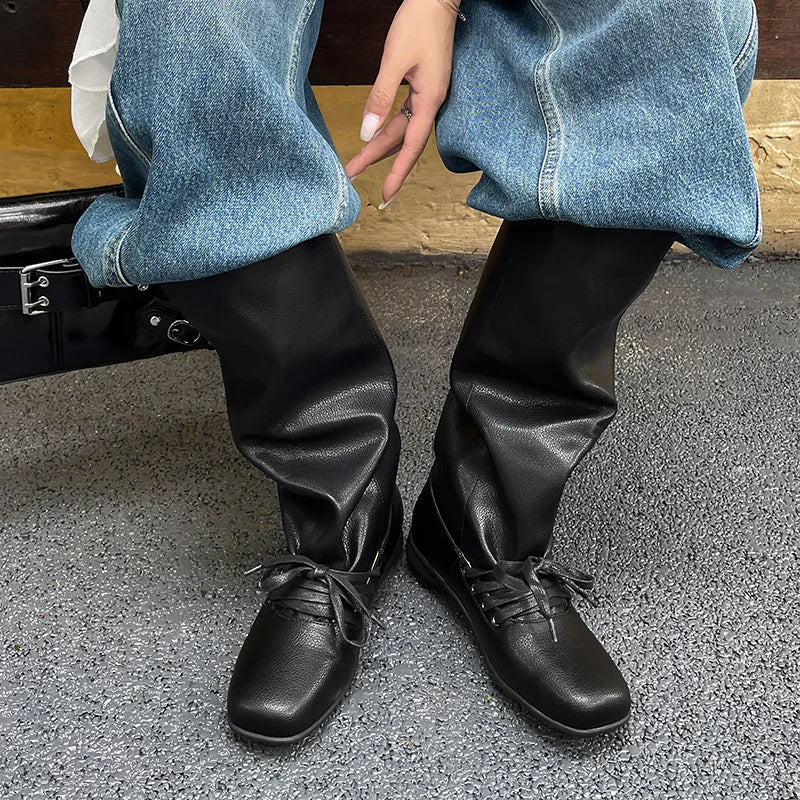 Autumn sheepskin Pleated Cross tied Modern Boots