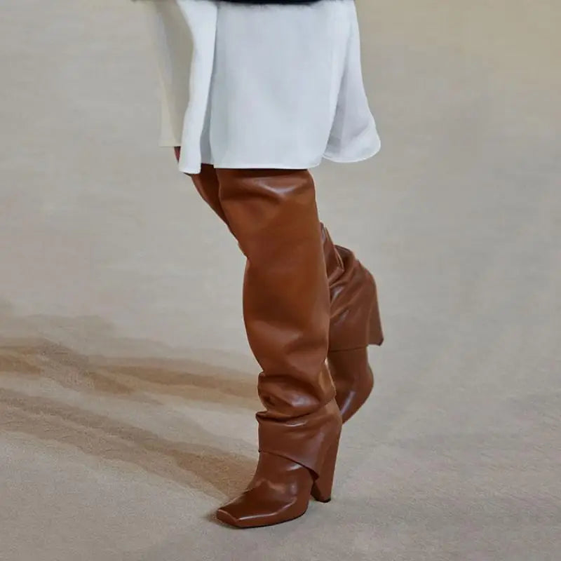Brown Patent Leather Tapered heel Over the knee Boots