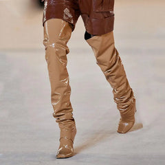 Brown Patent Leather Tapered heel Over the knee Boots