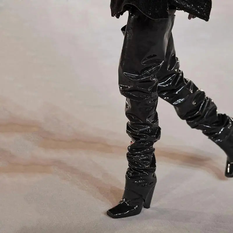 Brown Patent Leather Tapered heel Over the knee Boots