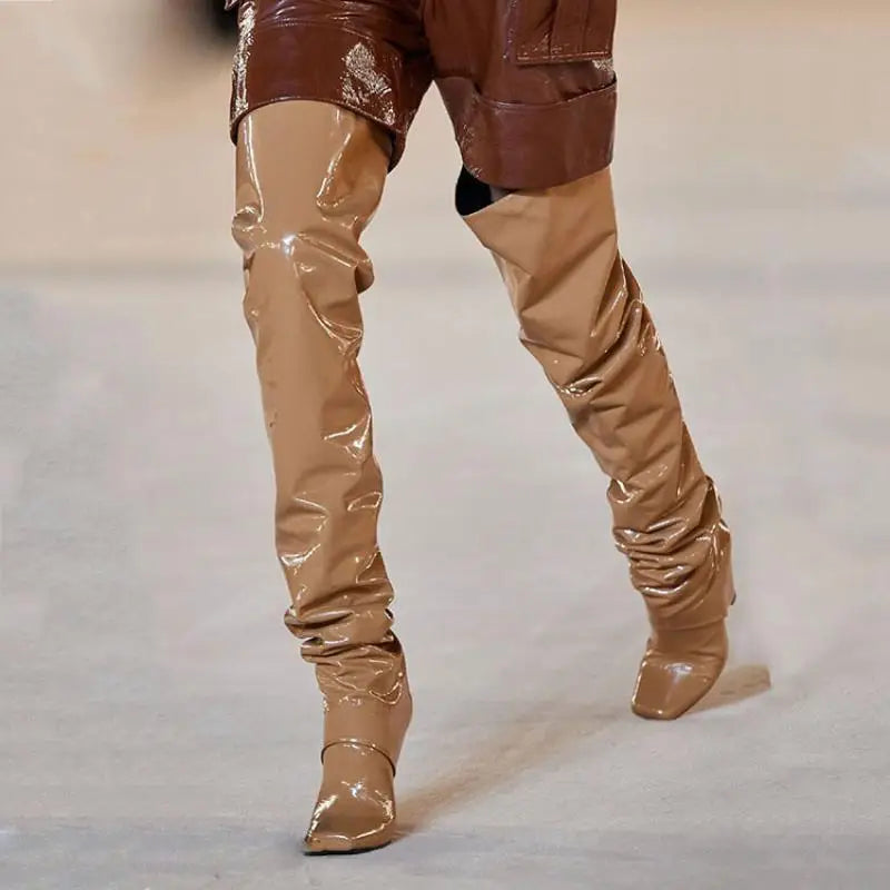 Brown Patent Leather Tapered heel Over the knee Boots