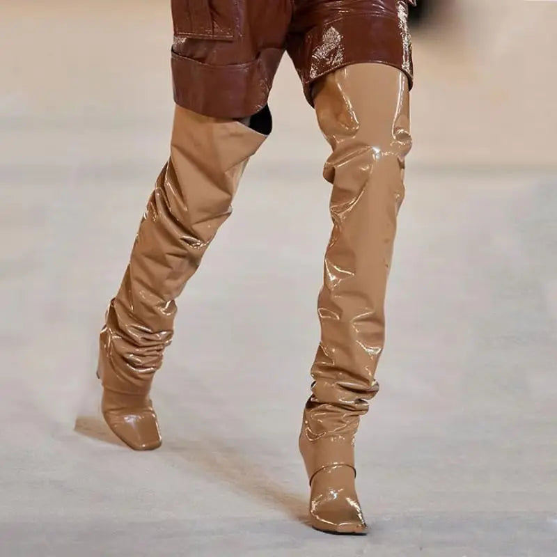 Brown Patent Leather Tapered heel Over the knee Boots