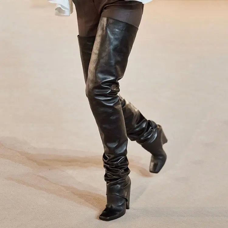 Brown Patent Leather Tapered heel Over the knee Boots