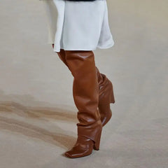 Brown Patent Leather Tapered heel Over the knee Boots