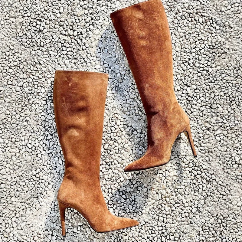 Brown Suede Pointed toe Super high heel Side zipper Knee high Boots