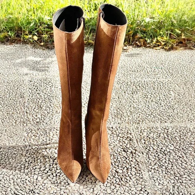 Brown Suede Pointed toe Super high heel Side zipper Knee high Boots