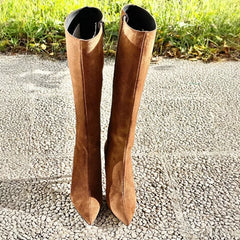 Brown Suede Pointed toe Super high heel Side zipper Knee high Boots