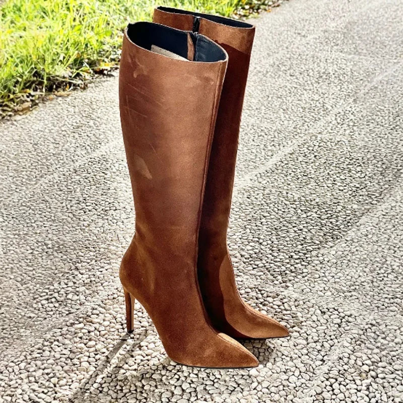 Brown Suede Pointed toe Super high heel Side zipper Knee high Boots