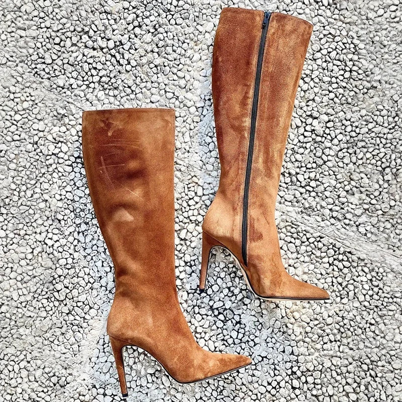 Brown Suede Pointed toe Super high heel Side zipper Knee high Boots