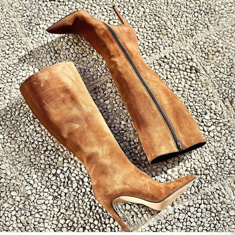 Brown Suede Pointed toe Super high heel Side zipper Knee high Boots