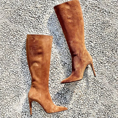 Brown Suede Pointed toe Super high heel Side zipper Knee high Boots