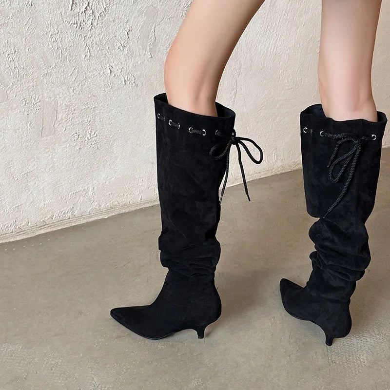 Khaki Sheep suede Lace up Over the knee Boots