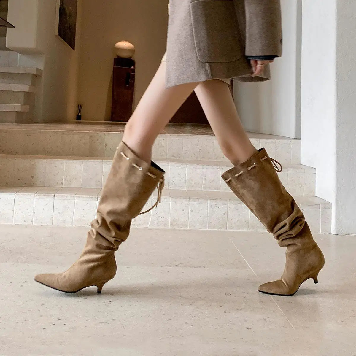 Khaki Sheep suede Lace up Over the knee Boots