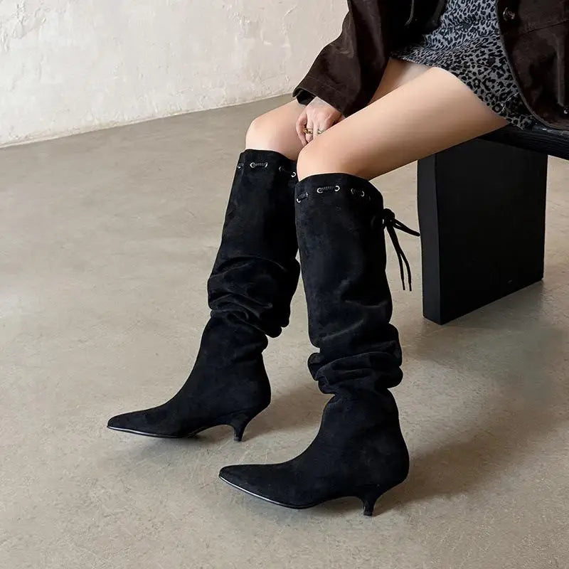 Khaki Sheep suede Lace up Over the knee Boots