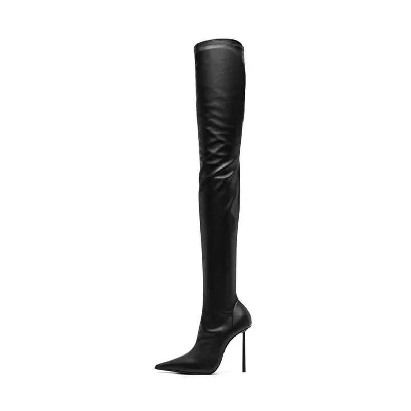 Women's Black Elastic Over-the-Knee Stiletto Heels Pointed Toe Slip-On Super High Heel Modern White Boots