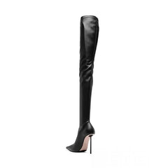 Women's Black Elastic Over-the-Knee Stiletto Heels Pointed Toe Slip-On Super High Heel Modern White Boots